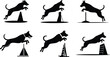 ©  Jaynab Banu - Set of Minimalist black dog jumping over obstacle agility silhouette vector icon