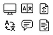 © King558 - Language Tool Icons. Online Language Tools linear set: screen panel, dual-language selector, upload document icon, translation arrow, glossary bubble, result sheet.