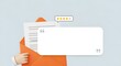 © Mono - A cartoon hand holding an orange envelope with a document, next to a feedback speech bubble and a five-star rating, symbolizing customer review.