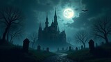 Mysterious gothic castle under full moon in eerie cemetery with bats and bare trees, perfect for Halloween horror and fantasy art.