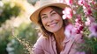 © Jane_S - Mature caucasian female smiling in floral garden with sun hat