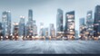© Iwang - A blurred cityscape with modern skyscrapers at dusk, featuring a foreground empty concrete table, suitable for product display