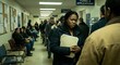 © Olga - Diverse people waiting in a long line at a government office with a concerned black woman holding documents for public services concept and bureaucratic hardship