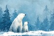 © BabyEyes - Watercolor painting depicts a large polar bear and its cub sitting together in a snowy forest landscape during snowfall