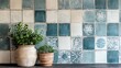 © ilham - A rustic kitchen or bathroom scene with an aged, Mediterranean-style tile backsplash. The weathered, colorful patterns create a warm, vintage, and inviting atmosphere for interior design concepts.