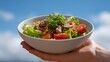 © Thares2020 - Hand holding a healthy meat salad bowl with tomatoes and greens against a bright blue sky
