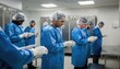 © DigitalSpace - Medium shot of staff in blue protective gear carefully putting on gloves and hairnets in a clean locker room before entering the sterile processing area.
