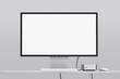 © Regi Munandar - blank modern pc set with high quality monitor display and mini computer with grey studio setup realistic screen mockup design template 3d render isolated