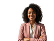 © Vooglo.com - Portrait of a smiling young african american businesswoman with curly hair in a pink blazer, arms crossed, isolated on transparent background