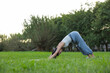 © leungchopan - Woman practicing downward dog yoga pose at park