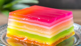 Layered jelly crystal dessert in vibrant tropical colors, cut in cross-section to show its translucent interior 2