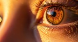 Detailed golden eye macro with intricate iris patterns and eyelash detail creating visual impact
