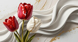 Elegant red and white tulips with sweeping 3D plaster texture 3D Wall Mural. floral landscapes. 3d floral art, floral wallpaper, Luxurious textile tile wall art