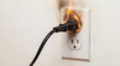 © AiDesign - Electrical fire hazard outlet overload overheating causing dangerous house fire risk requiring immediate emergency intervention preventing residential property damage loss safety inspection repair