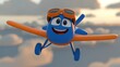 © Windi - Cheerful blue cartoon airplane toy with orange wings flying toward the viewer against a dramatic sunset sky and clouds