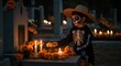 © NN AI - Boy with sugar skull makeup celebrating Dia de los Muertos in cemetery. Child in skeleton costume placing marigolds and candles on gravestone at night