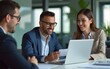 © Harper - Portrait of smiling young businesswoman working with middle aged business man at office meeting, sitting in modern boardroom and discussing project using laptop computer. generative AI. High quality