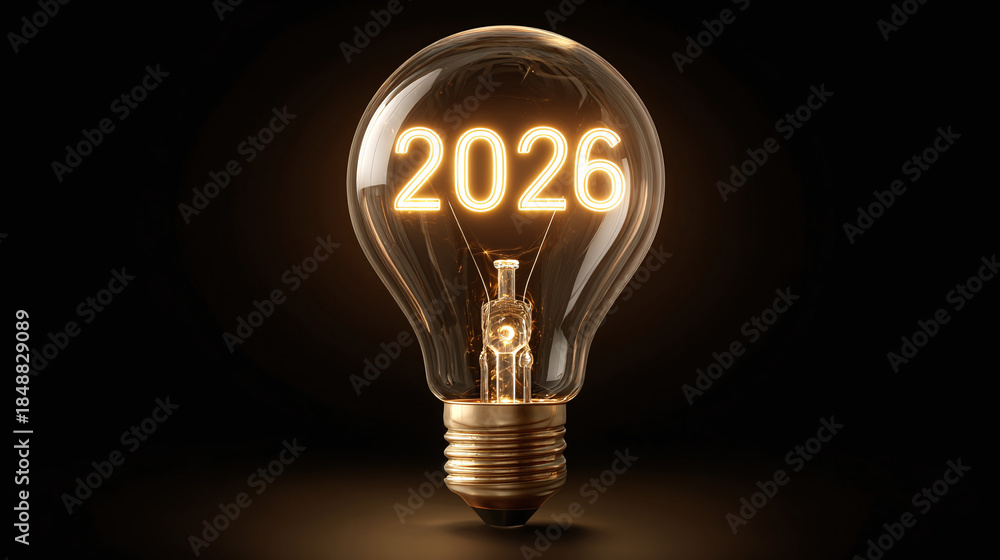 Illuminated lightbulb with the year 2026 inside symbolizes future ...