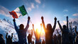 © master1305 - Fans celebrating huge winter sports victory with raised arms, Italian flags and glowing sunset. Concept of celebration visuals, tourism advertising, emotional unity and event spirit.