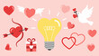 © MASKURI - Cute pink heart shaped balloons and a light bulb vector illustration for a romantic Valentine's Day holiday card design symbol of love and art