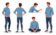 © Camila - Set of young handsome man poses wearing blue shirt and jeans. Different poses set. Various gestures male character standing and sitting isolated vector illustration. High quality