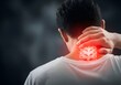 © mayur - Man holding painful neck with glowing red highlight indicating cervical pain, muscle strain, spine injury, stress, fatigue, healthcare problem, physical therapy concept, and chronic pain awareness