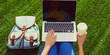 © rohappy - Woman working with laptop in summer park on green grass background