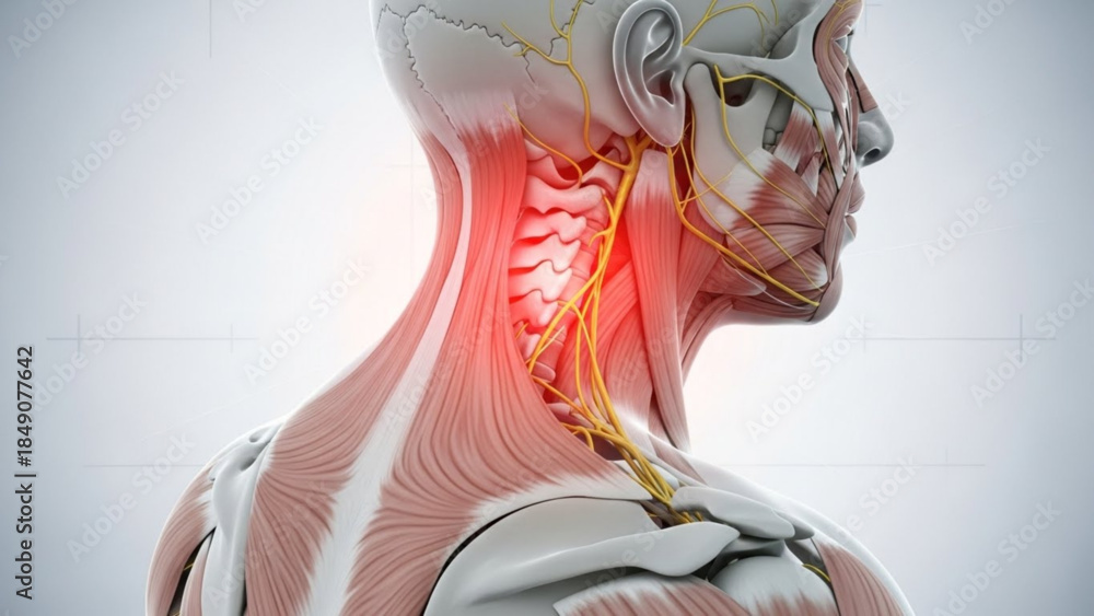 Human neck anatomy with highlighted nerves and spinal cord in profile ...