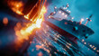 © Aliaksandra - Dramatic fire and water collision on the ocean surface with a burning ship in the background, symbolizing disaster, energy contrast, and maritime danger