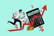 © deagreez - Collage trend artwork composite sketch poster of bankruptcy investor economy finance young man run calculator arrow up inflation currency