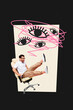 © deagreez - Trend artwork composite 3D photo collage of young man funny sit armchair smile caricature eyes doodle security control search spy watch