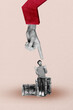 © deagreez - Trend artwork creative 3D photo collage of young man sit stack coins big hand finger point budget down reduction investor economy business