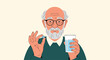 © SmartCoders5 - An elderly man with glasses and a beard holding a pill and a glass of water for his daily medication and health treatment.