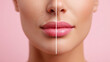 © Olha Havelia - Womans lips after professional exfoliating lip care, presenting before and after in single image image is visually split in half only one mouth in the image and mouth is split in