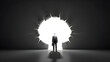 © Nasrin - A lone businessman silhouette stands before a bright, jagged breakthrough in a dark wall.