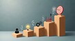 © Jisanur - Illustration of business concept showing progressive steps on wooden blocks leading to a target with an arrow, symbolizing goal achievement and success