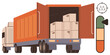 © robu_s - Cargo truck loaded with cardboard boxes, back door open, next to a gauge icon with a performance level. Ideal for transportation, supply chain, delivery, logistics, efficiency, warehouse simple flat