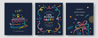 © LittleWhale - Set of Happy Birthday greeting card, invitation card, poster, cover, vector illustration with birthday cake, confetti and gift box in colorful minimalist lines.
