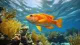 Coral reef fish swimming in vibrant coral. Underwater scene with sunlight. Potential use nature, travel, education