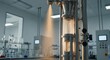 © DigitalSpace - Detailed image of fine insectprotein powder particles dispersing from the top of a tall spraydrying tower amid laboratory conditions.