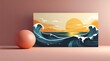 © SetCartoon - A smooth coral sphere sits left of a rectangular artwork depicting a vibrant sunset over wavy blue ocean against a pinkishbrown backdrop