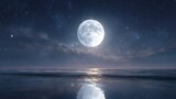 A luminous full moon reflecting on a serene ocean beneath a sparkling night sky, tranquil & dreamy