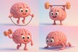 © ibreakstock - Pastel cute 3D cartoon brains jumping rope, lifting weights, exercising on mat for cognitive performance and health boost