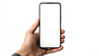 © SirArbusto - Hand holding smartphone with blank screen : A hand grasps a modern smartphone, showcasing its sleek design, the device's blank screen offering a world of possibilities for digital content.