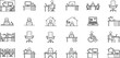 © Zakia - Collection of linear icons representing office workspace, remote work, business people, desks, ergonomic chairs, cubicles, and work-from-home concepts in line art.