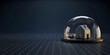 © Giggles - Home and Auto Insurance Concept with House and Car Protected Under Glass Dome on Navy Grid Background
