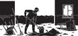 © plungzby - Flood Cleanup Worker Cleaning Mud Inside Damaged House Silhouette