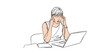 © Danchai - Illustrator vector single continuous line drawing of a stressed woman with headache sitting at desk with laptop. Minimalist sketch concept for office burnout, mental health issues, and work pressure.