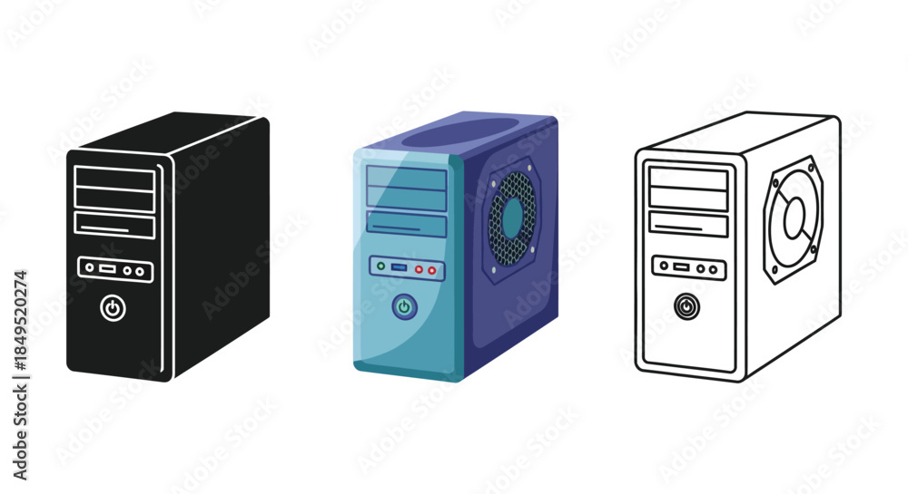 Set of three computer tower icons in solid black, color, and outline ...