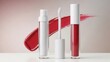 © PNG World - Sleek, minimalist transparent glass tubes containing vibrant crimson liquid lipstick with a white applicator wand, artfully arranged alongside a bold, sweeping brushstroke of the same color on a